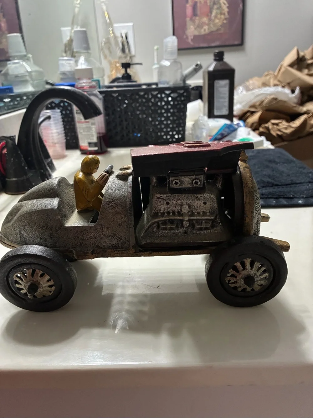 Vintage -style decorative cast iron race car modeled after Hubley racers